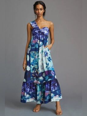 Anthropologie Maeve One Shoulder
Flounced Maxi Dress Blue Floral Boho X-Large